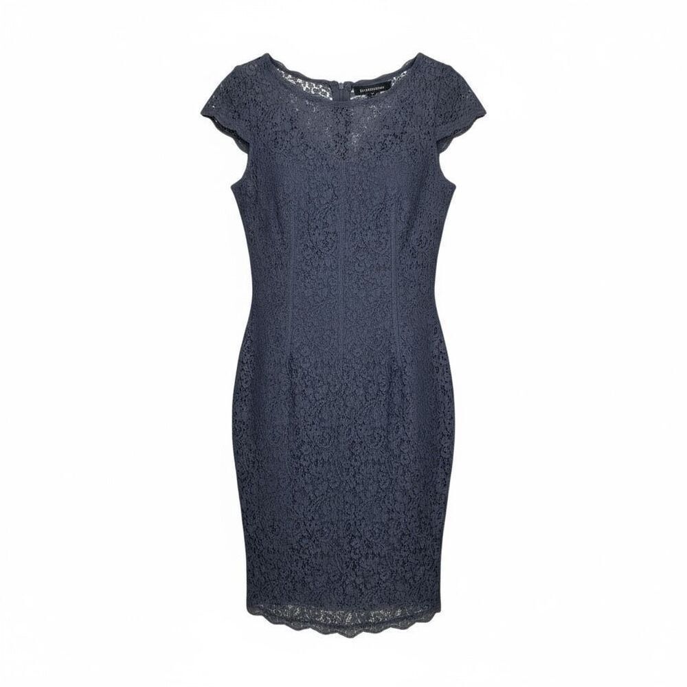 Adrianna Papell Lace Illusion Cap Sleeve V-Back Sheath Dress Dark Gray Size 8